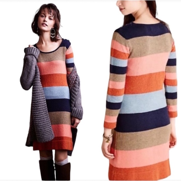 Isabella Sinclair Size M Lambs Wool Cotton Pink Navy Women Knit Sweater Dress - Picture 2 of 13